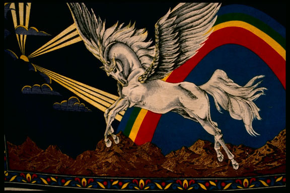 Pegasus was a winged horse that came out of Medusa when she was be-headed by <a href="/mythology/perseus.html">Perseus</a>.
This is a mural of Pegasus from Turkey.<p><small><em>   Image courtesy of Corel corporation.</em></small></p>