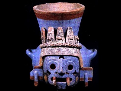 <a href="/mythology/tlaloc_rain.html&edu=high&dev=">Tlaloc</a> was an important deity of <a href="/earth/Atmosphere/precipitation/rain.html&edu=high&dev=">rain</a> and fertility of the Aztec mythology, associated with caves, springs, and mountains. Tlaloc was depicted as a man wearing a net of <a href="/earth/Atmosphere/cloud.html&edu=high&dev=">clouds</a>, a crown of heron feathers, foam sandals and carrying rattles to make thunder. While he was thought to sustain life, he was also feared for sending <a href="/earth/Atmosphere/precipitation/hail.html&edu=high&dev=">hail</a>, <a href="/earth/Atmosphere/tstorm/tstorm_lightning.html&edu=high&dev=">thunder and lightning</a>.  This image shows Tlaloc on a multicolor ceramic vessel from the Great Temple of Tenochtitlan.<p><small><em>Image courtesy of the Museo del Templo Mayor, Mexico.</em></small></p>
