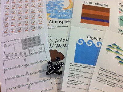 Our <a href="/teacher_resources/nitrogen_main.html">Traveling Nitrogen Game</a> makes a fun activity for students to learn about the <a href="/earth/Life/nitrogen_cycle.html">nitrogen cycle</a>.  The activity includes a student worksheet ("Traveling Nitrogen Passport"), 11 reservoir signs, and stamps.  The activity is available in our <a href="/php/teacher_resources/activity.php#8">Classroom Activities section</a>, including a free html version, and a pdf version free for  <a href="/new_membership_services.html">Windows to the Universe subscribers</a>.  The Traveling Nitrogen Game Kit is available in our <a href="/store/home.php">online store</a>, including laminated signs and a set of 11 dice.<p><small><em></em></small></p>
