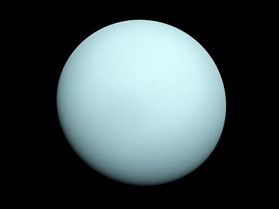 The plain aquamarine face of Uranus confirms the fact that Uranus is covered with <a href="/uranus/atmosphere/U_clouds_overview.html&edu=high&dev=">clouds</a>. The sameness of the planet's appearance shows that the planet's atmosphere is mostly <a href="/uranus/atmosphere/U_atm_compo_overview.html&edu=high&dev=">composed</a> of one thing, methane. The planet appears to be blue-green because the <a href="/physical_science/chemistry/methane.html&edu=high&dev=">methane</a> gas of the atmosphere traps red light and does not allow that color to escape. This image was taken by <a href="/space_missions/voyager.html&edu=high&dev=">Voyager 2</a> in 1986.<p><small><em>Image courtesy of NASA</em></small></p>